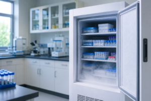 ULT-Freezer im modernen Labor mit geöffneter Tür und gekühlten Probenbehältern zur sicheren Lagerung temperaturempfindlicher Proben.