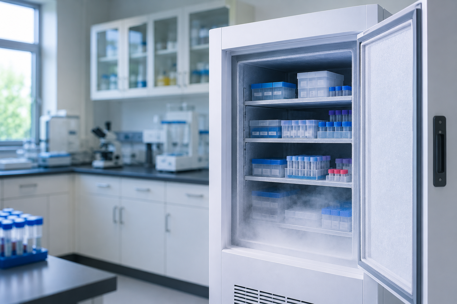 ULT-Freezer im modernen Labor mit geöffneter Tür und gekühlten Probenbehältern zur sicheren Lagerung temperaturempfindlicher Proben.